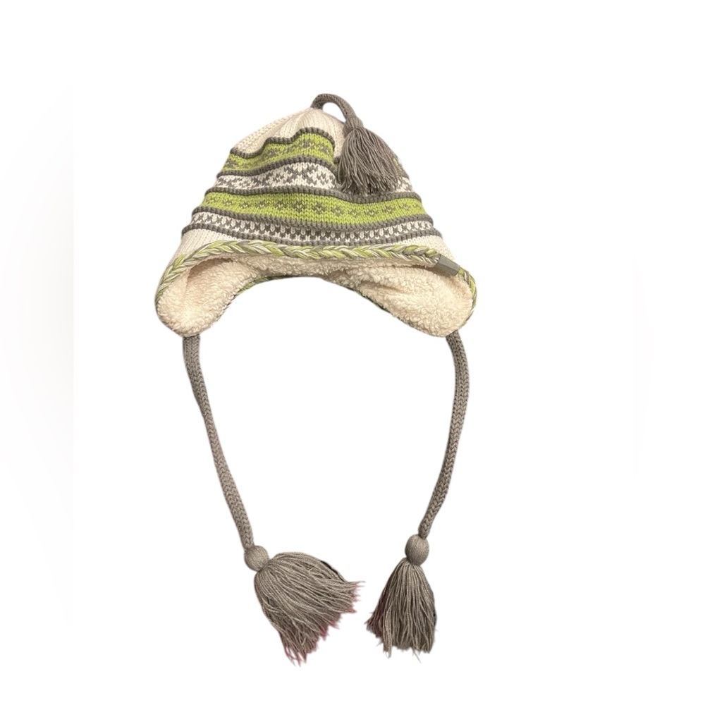 SHERPA EARFLAP Beanie Hat with Grey Tassels 
Green and White